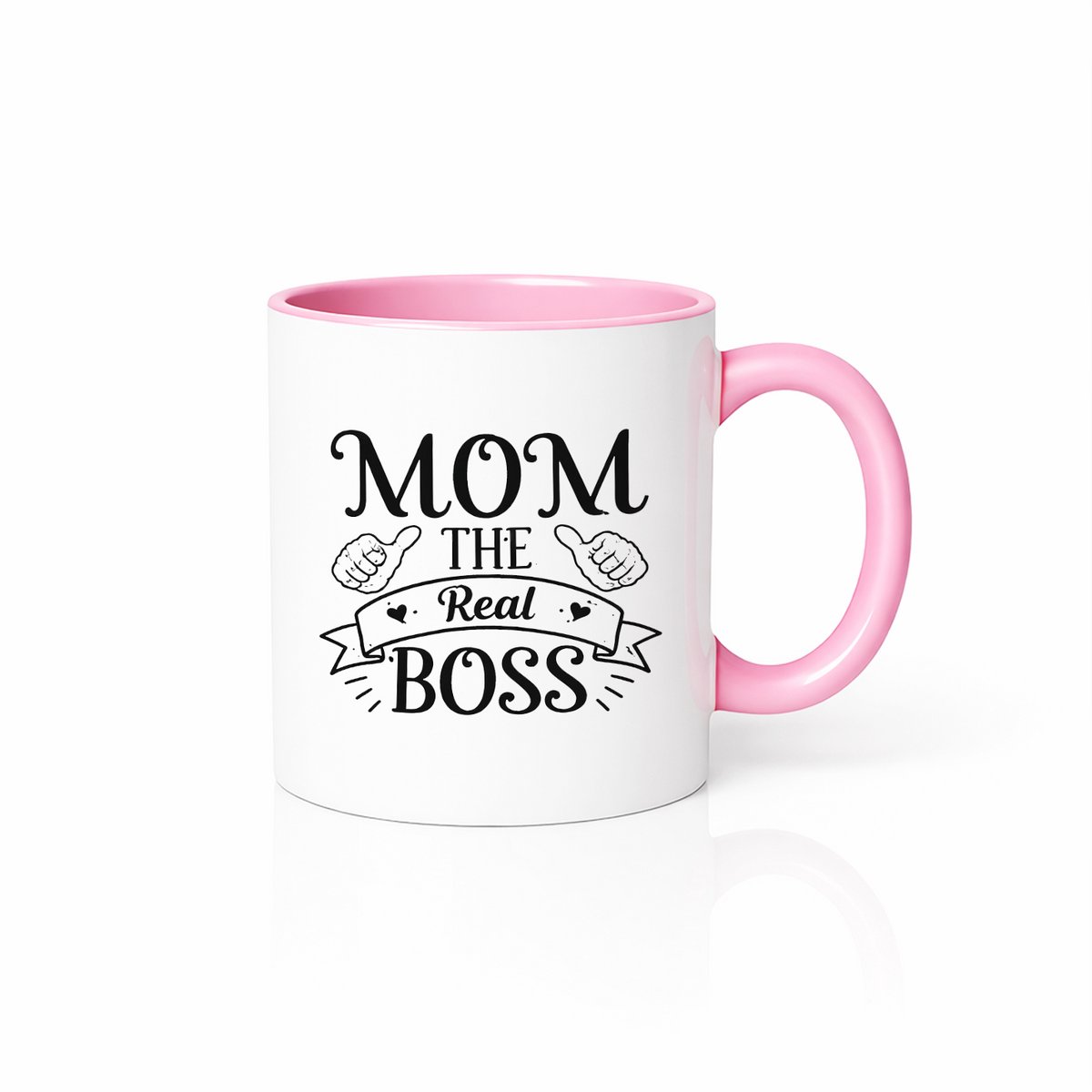 Mom The Real Boss Koffiemok - Grappig Moederdag Cadeau - Keramische Beker 330ml - Roze/Wit