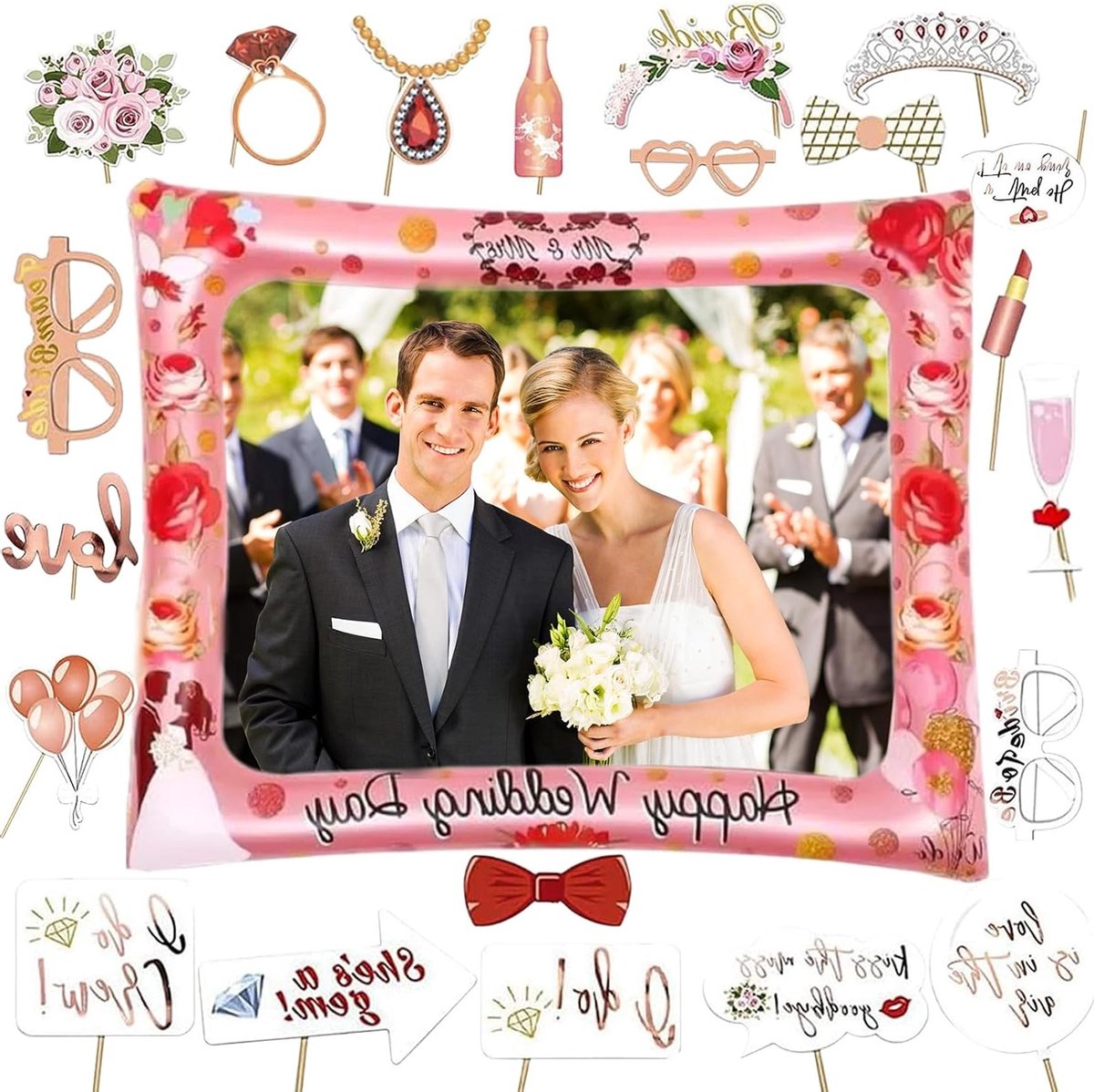 Creatieve Fotobox Accessoires voor Bruiloften - 23 Stuks Feestdecoratie, Opblaasbare Props en Fotolijsten voor Prachtige Partijfoto's
