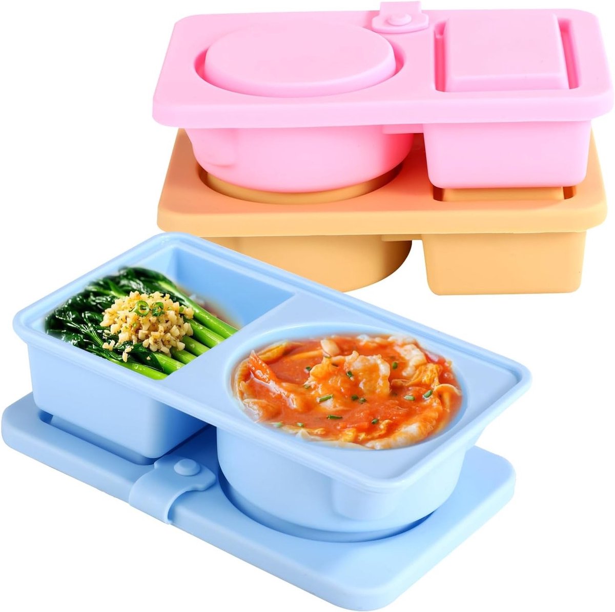 Set van 3 Herbruikbare Snackcontainers van Silicoon met Twee Compartimenten voor Fruit, Brood en Snacks
