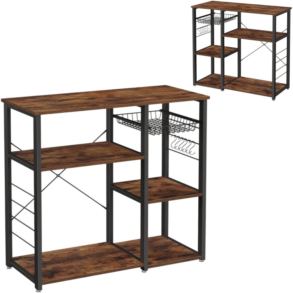 BEGRYF - Keukenrek - rustiek bruin - met mand en haken - 90x40x84 cm
