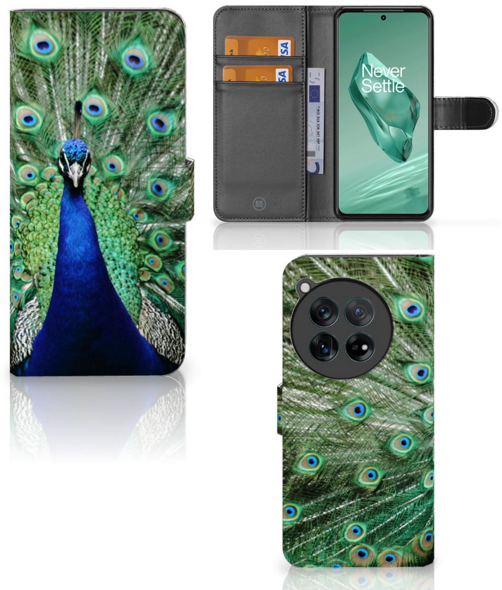 Book Case voor OnePlus 12 Telefoonhoesje met Pasjes Pauw