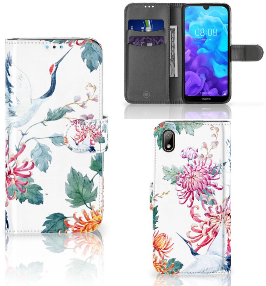 Huawei Y5 (2019) Telefoonhoesje met Pasjes Bird Flowers
