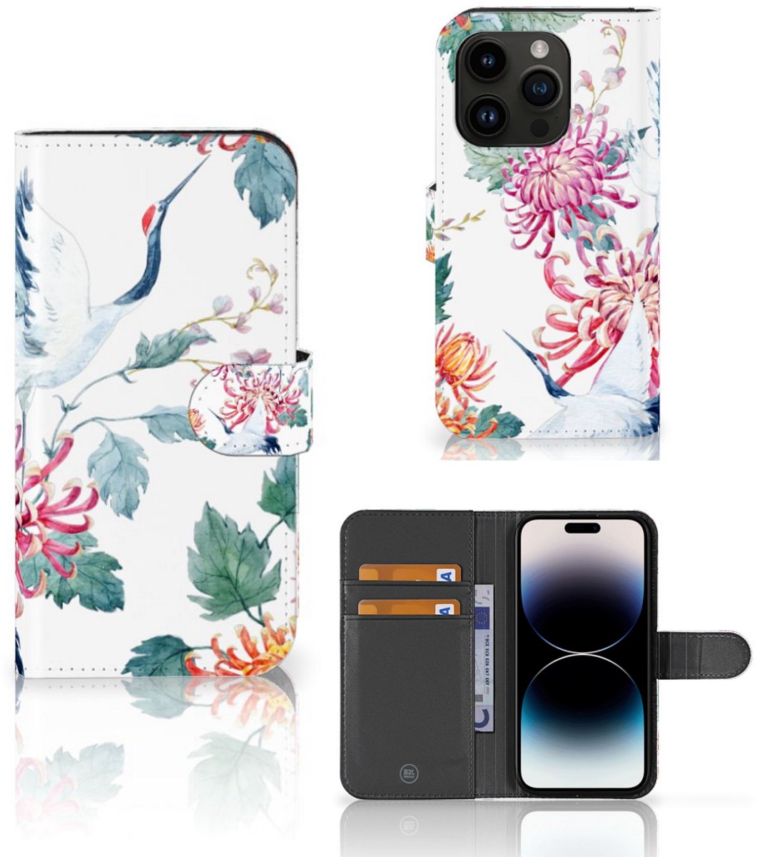 iPhone 15 Pro Telefoonhoesje met Pasjes Bird Flowers