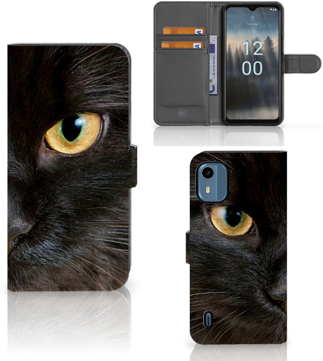 Nokia C12 Telefoonhoesje met Pasjes Zwarte Kat