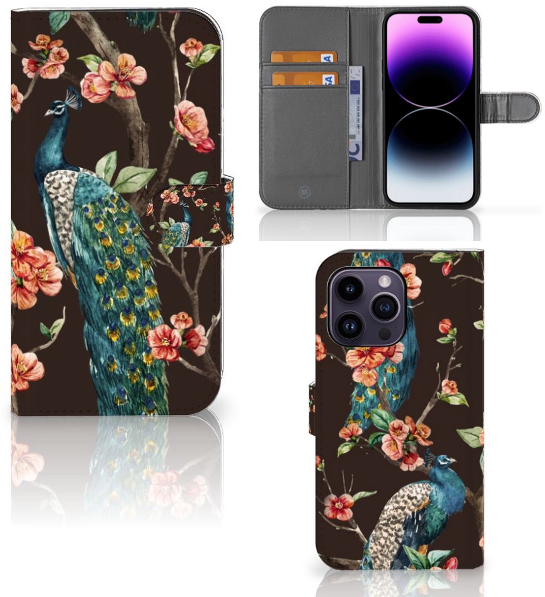 iPhone 15 Pro Max Telefoonhoesje met Pasjes Pauw met Bloemen