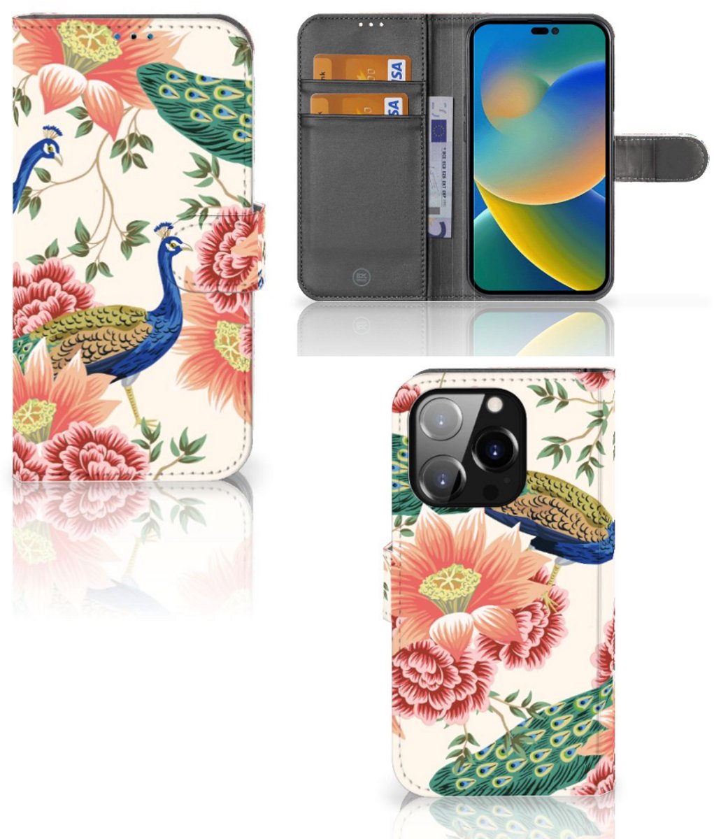 Telefoonhoesje met Pasjes voor iPhone 14 Pro Pink Peacock