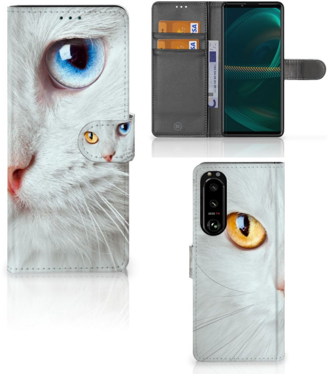 Sony Xperia 5III Telefoonhoesje met Pasjes Witte Kat