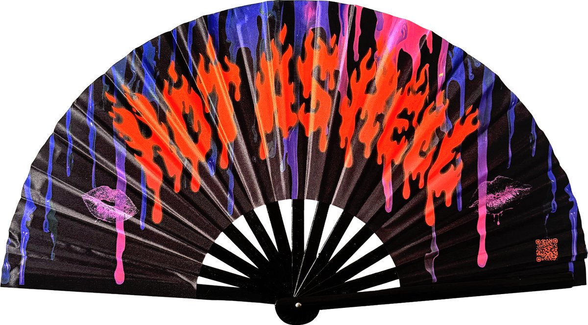 XXL festival waaier - Handwaaier - Spaanse waaier - Glow in the Dark - UV / Blacklight - Glowing effect - 62 x 32 cm - Bamboe - Hot as Hell
