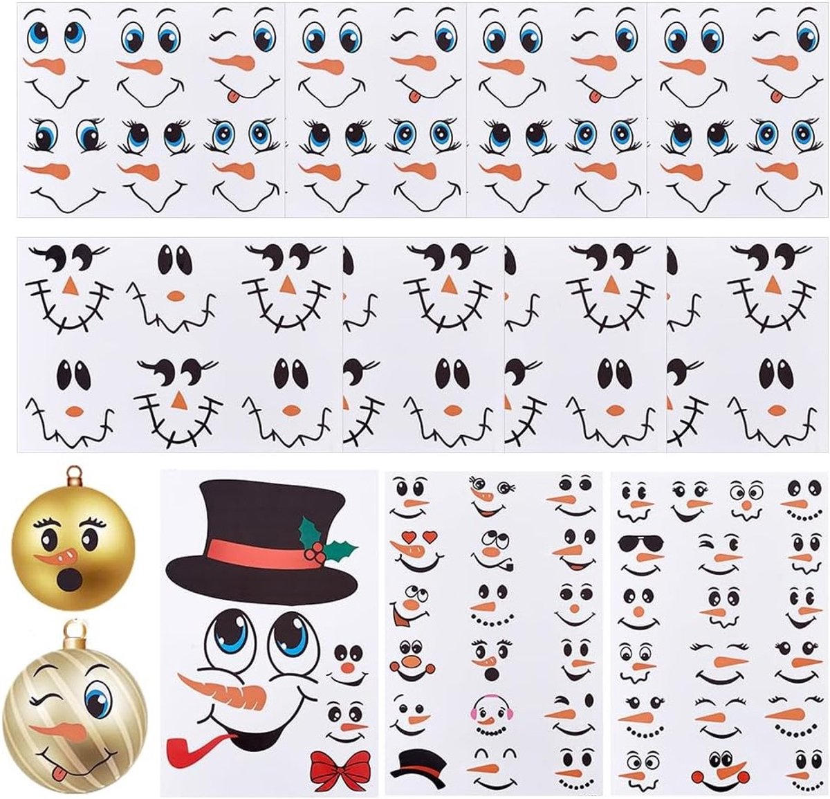 62 Stk. Kerst Sneeuwpop Gezichtsstickers - Leuke Gezichtsdecoraties voor Koelkast, Muur en Deur - Feestartikelen en Huisdecoratie voor de Feestdagen