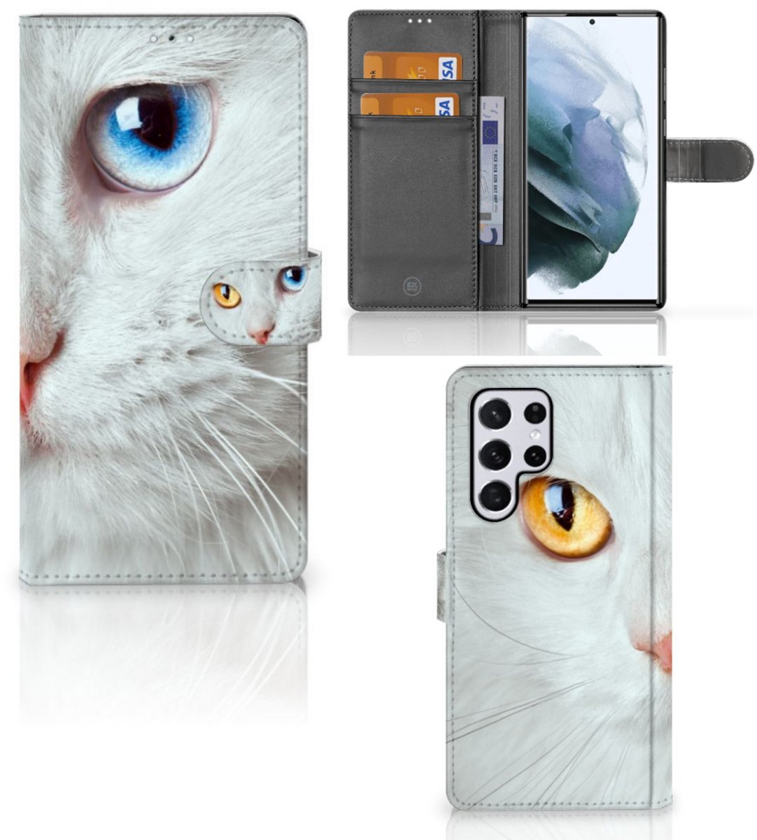 Book Case voor Samsung Galaxy S22 Ultra Telefoonhoesje met Pasjes Witte Kat