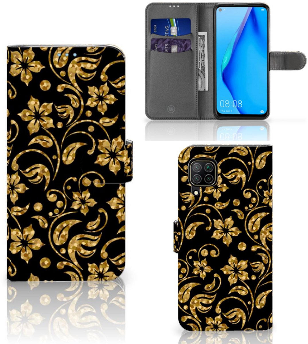 Huawei P40 Lite Hoesje Gouden Bloemen