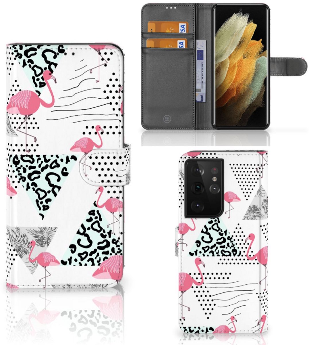 Samsung Galaxy S21 Ultra Telefoonhoesje met Pasjes Flamingo Triangle