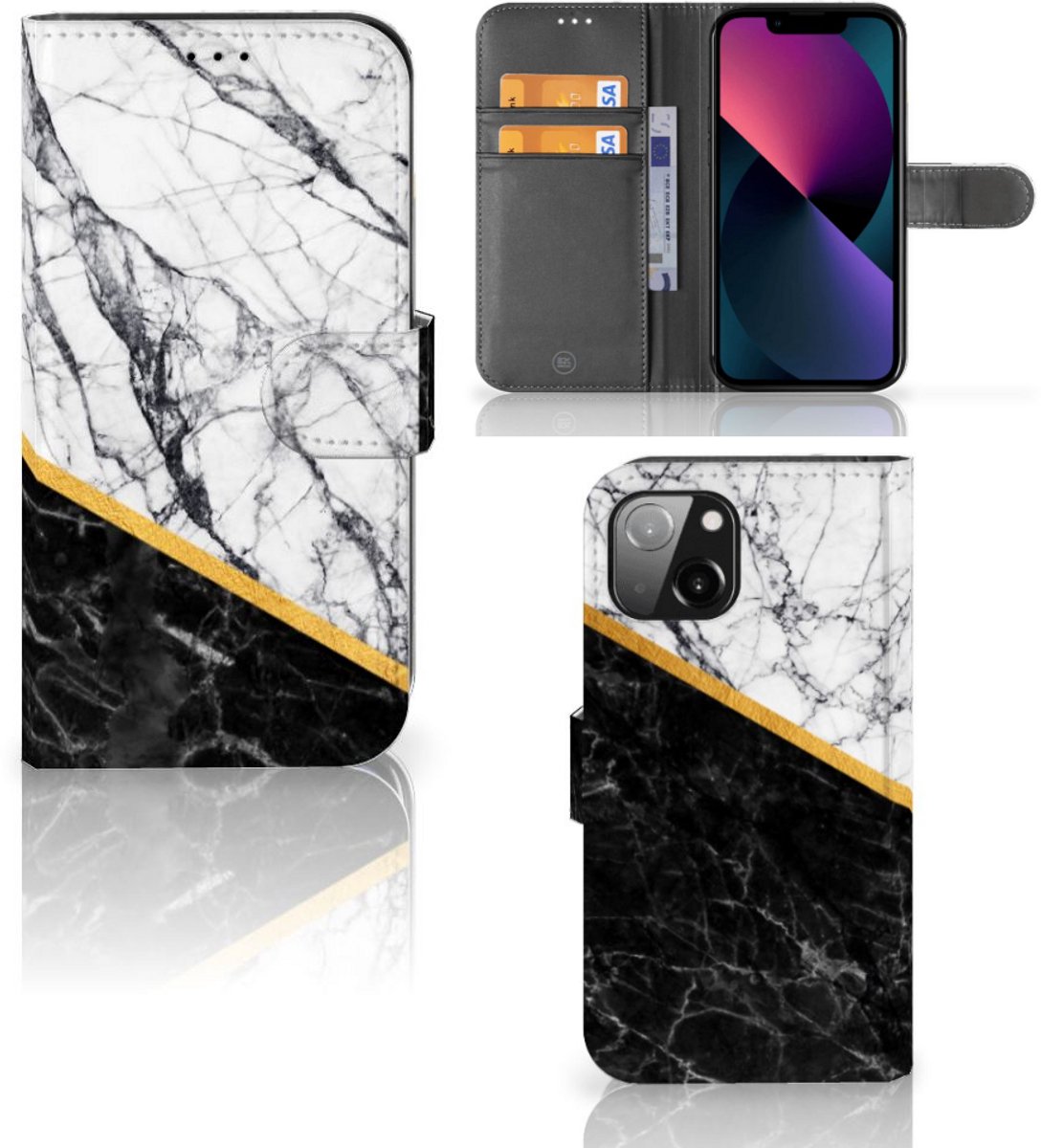 Apple iPhone 13 Bookcase Marmer Wit Zwart - Origineel Cadeau Man
