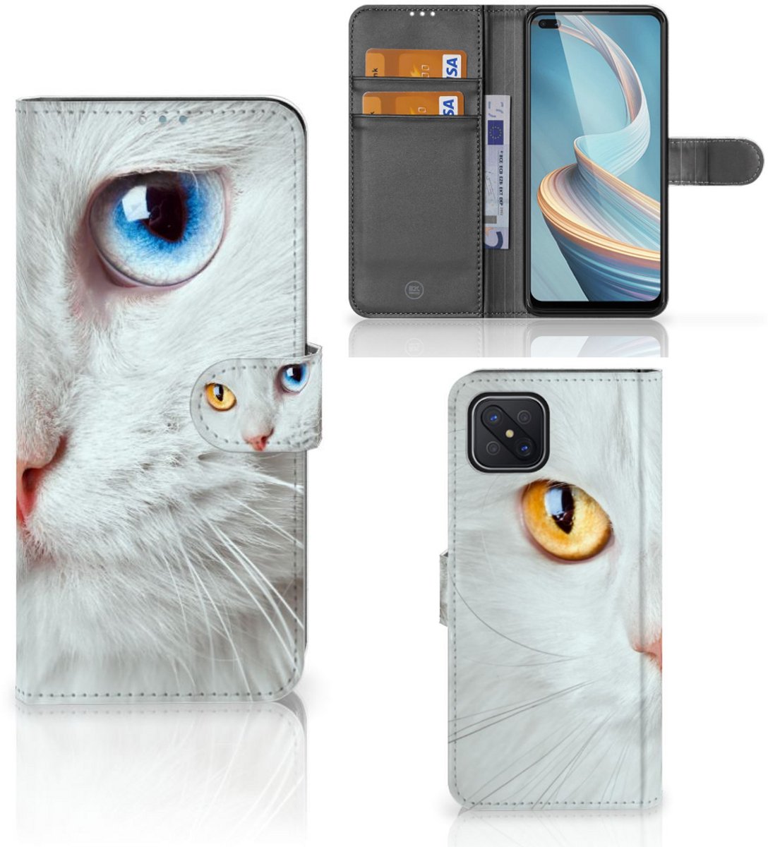 OPPO Reno4 Z Telefoonhoesje met Pasjes Witte Kat