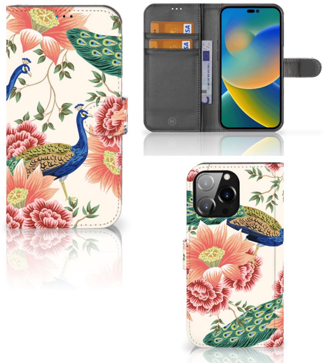 Telefoonhoesje met Pasjes voor iPhone 14 Pro Max Pink Peacock