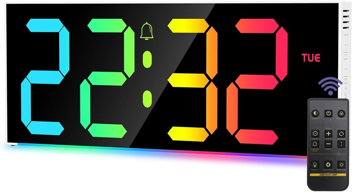 Cosensi - Digitale Wandklok - RGB Alarmklok - Stille Muurklok - 12 Inch - Met Afstandsbediening - Geschikt voor Woonkamer - Zwart