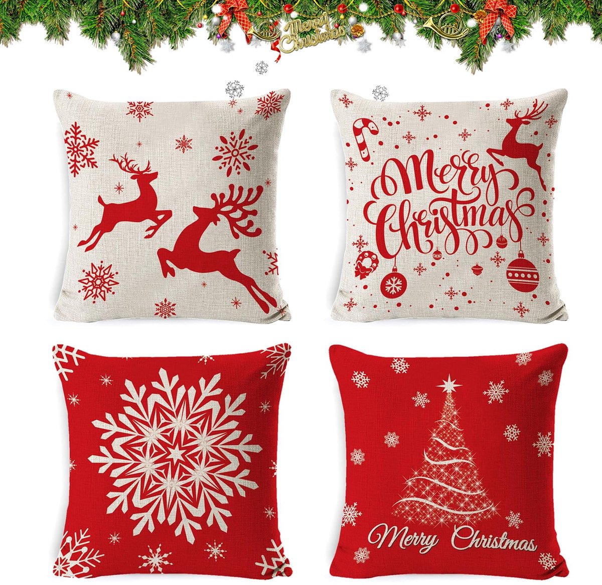 Cosensi - Kerst Kussenhoezen - Perfecte Kerstdecoratie - 45 x 45 cm - Ademend en met Rits - Feestelijke Kussens - Geschikt voor Woonkamer en Slaapk...