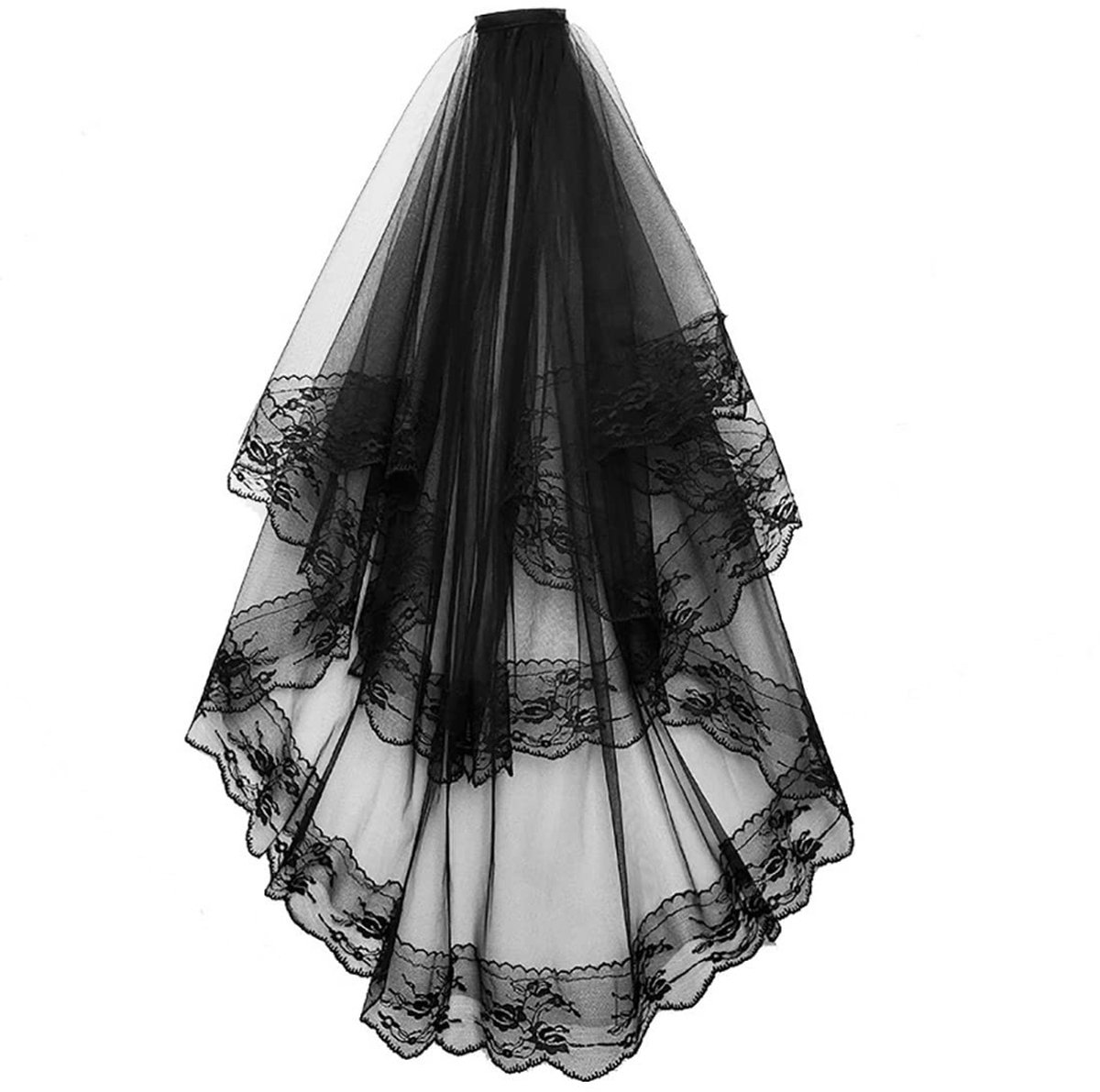 MTTProducts - Black Lace Wedding Veil - Gothic Bridal Veil - Elegante 2-laags ontwerp - Zwart - Halloween Party Veil - Perfect voor bruiloften en cospl...
