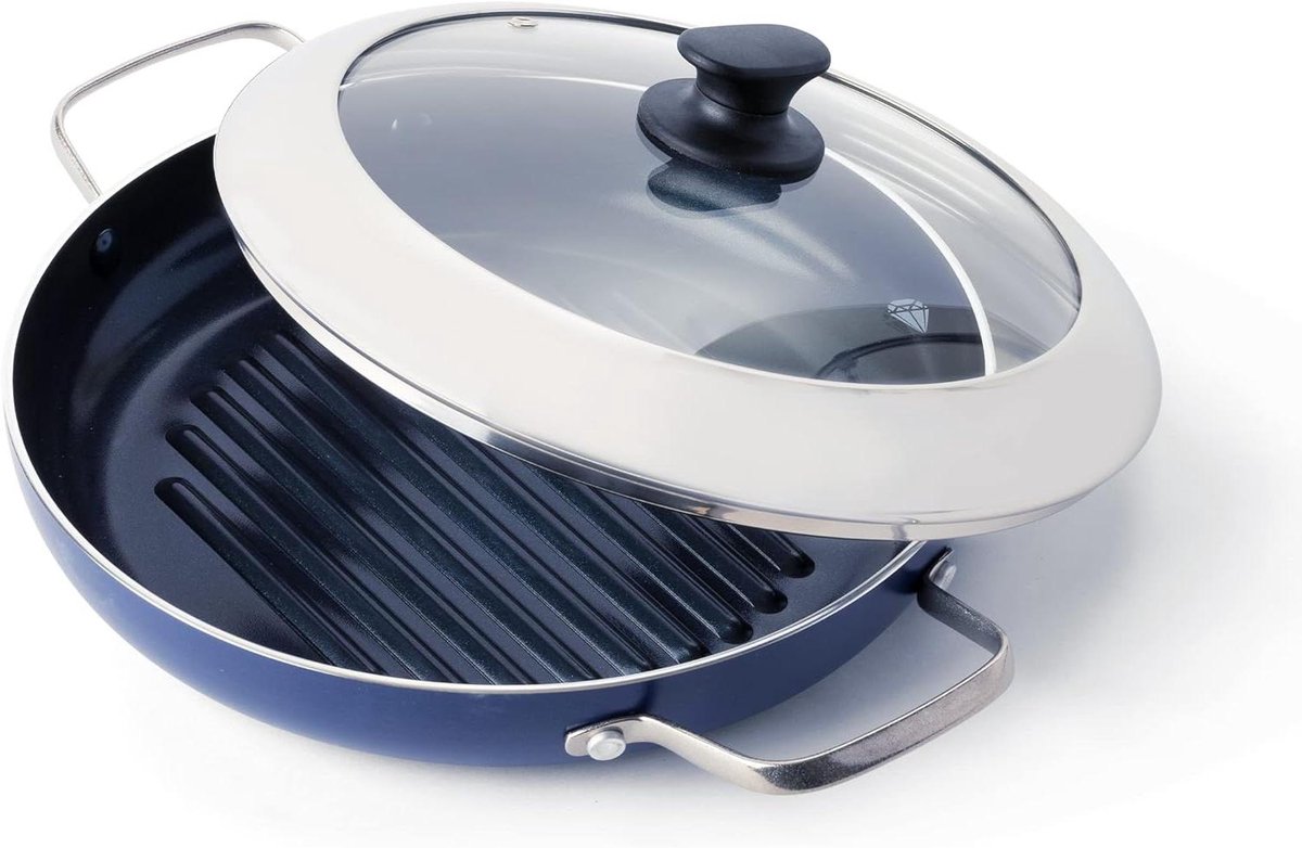 Keramische Grillpan - Antiaanbakpan Diamant - Grillen en Bakken - Diamantversterkte Coating - 28 cm - Blauw
