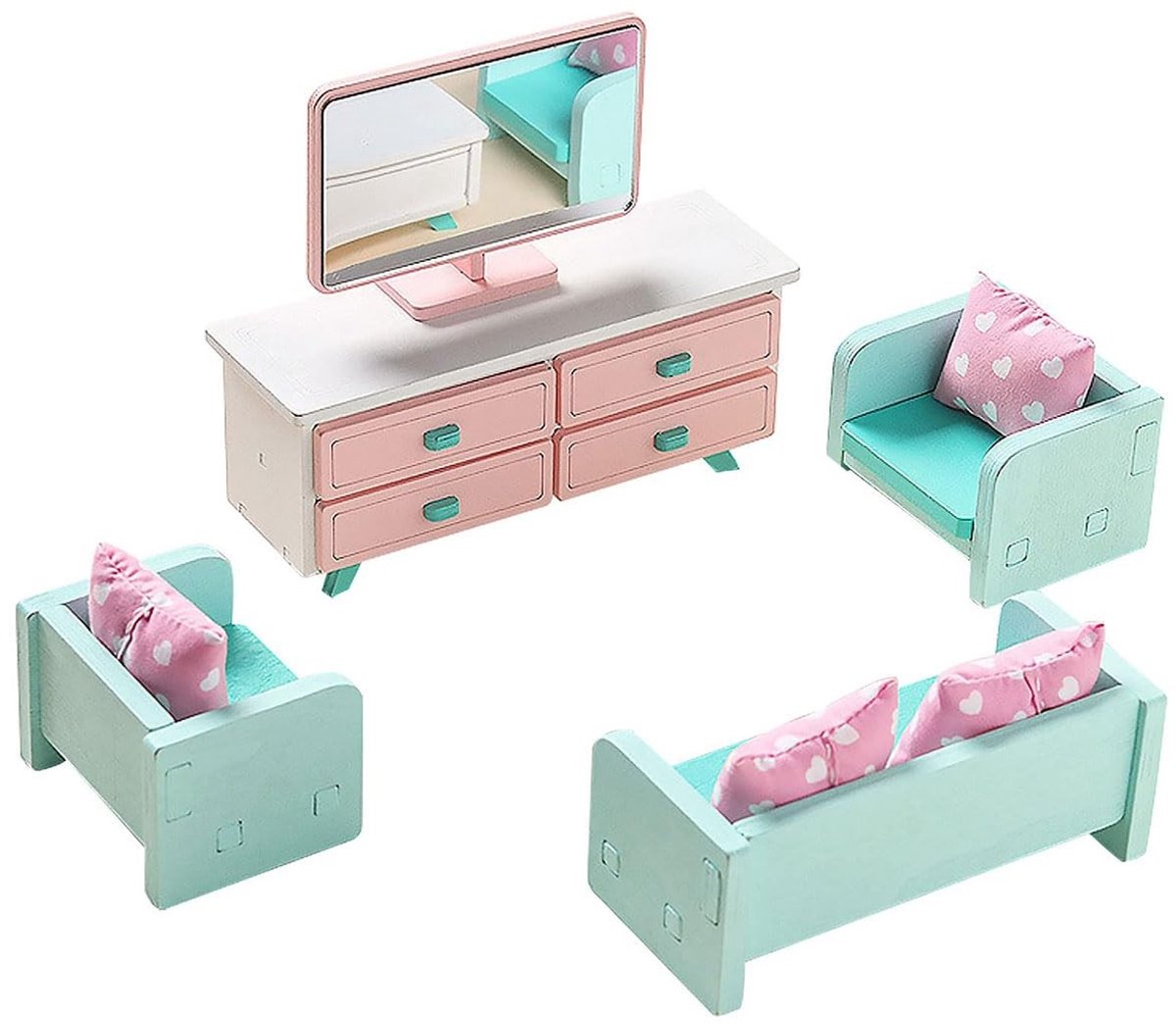 Cosensi - Mini Meubels - Mini Furniture Set - Perfect voor Poppenhuis - Houten Kleur - Voor Woonkamer - Compleet met Sofa en Stoelen