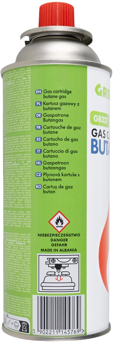 GreenBlue - Gasflessen 28 stuks - Gaspatroon van 227 g. Certificaat: Pi 0875, voldoet aan de norm EN417, butaan, gebruiksbereik -10 °C tot +40 °C, GB227 van GreenBlue — afbeelding 3