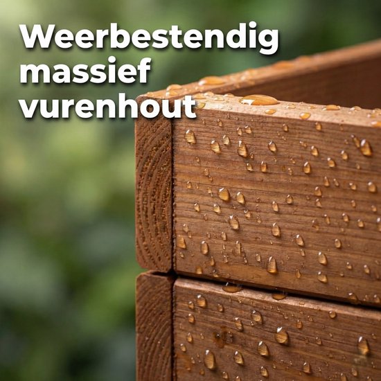 Houten plantenbak met waterdruppels, van weerbestendig massief vurenhout.