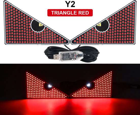 Rode "Demon Eye" LED-verlichting in de vorm van een driehoek, met witte pupillen en een USB-kabel.