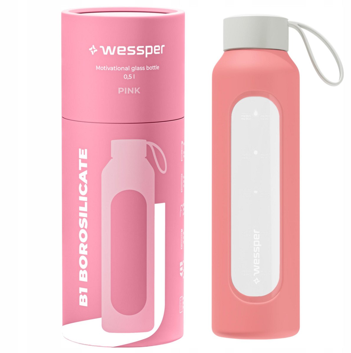 Glazen Motivatiefles 500ml – Duurzame Waterfles in Roze