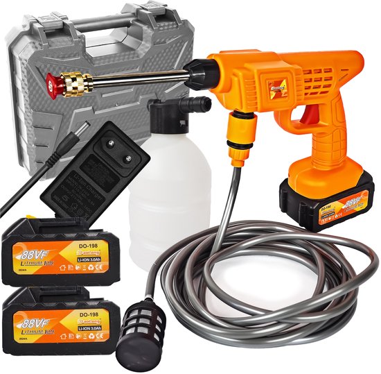 Draadloze hogedrukreiniger 800W 40 bar met 2 accu’s, 5m slang en 3 mondstukken voor tuin en auto reinigen