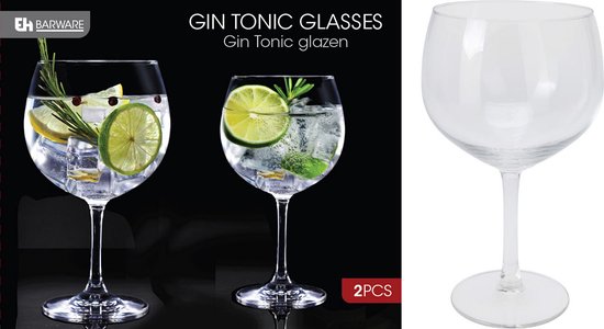Een verpakking met gin tonic glazen met afbeeldingen van twee gevulde glazen, naast een leeg glas.