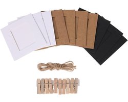 AKOAK 30 Stks DIY Kraft Papier Kartonnen Fotolijst met Houten Clips en String, Wit/Zwart/Bruin Drie Kleuren en Elke Kleur 10 Pcs, Geweldig voor Home Decor (2 "x 3")