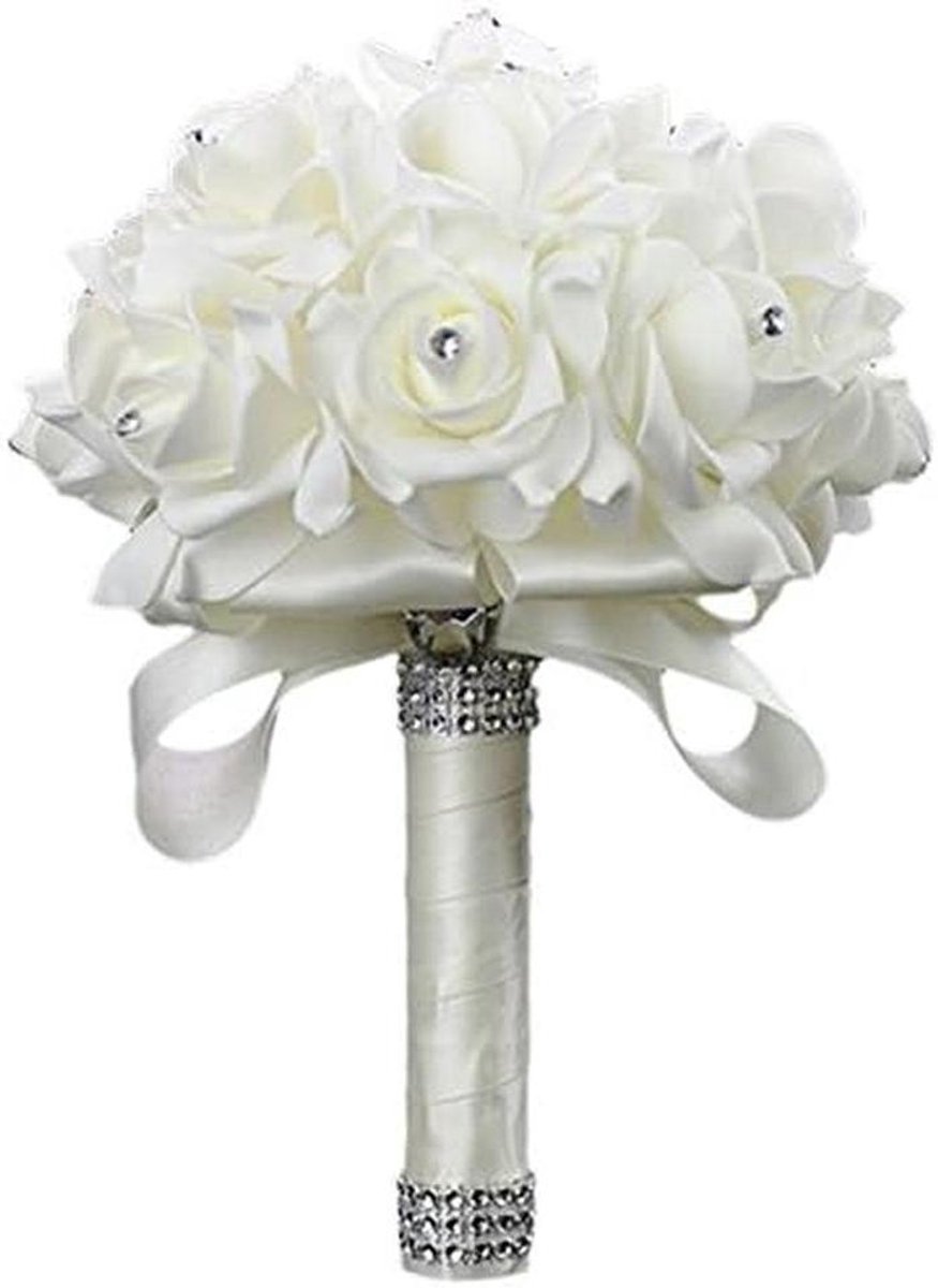 Bruid Boeket - Bruidsbloemen Decoratie - Bruiloft Versiering - Handgemaakte Rozen - 25 cm Lengte - Wit