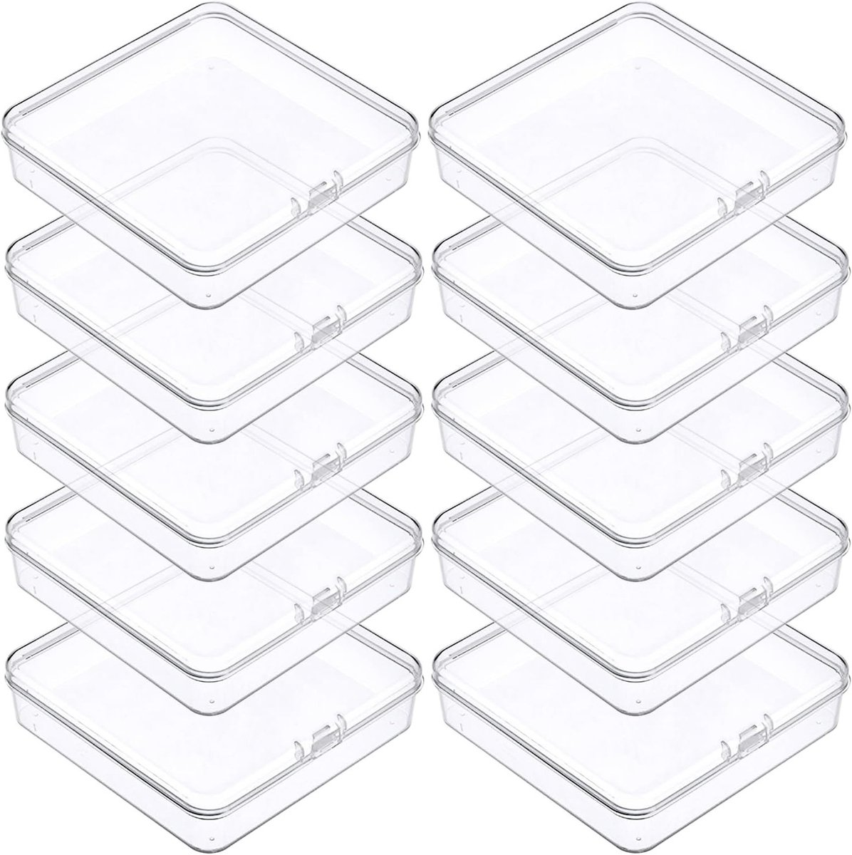 Set van 10 Opbergdozen met Deksel, Grote Rectangulaire Mini Opbergdozen voor Kralen en Knutselaccessoires, 10.5 x 10.5 x 1.8cm, Transparant en Ruimtebesparend