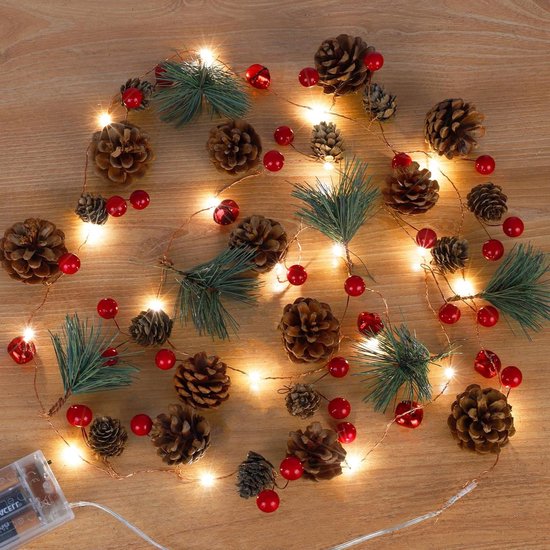 Kerstslinger met verlichting, 2 m, 20 leds, dennenappel, werkt op batterijen, rode bessen klokken slingerverlichting voor mantel open haard binnen buiten kerstdecor (1 stuks)