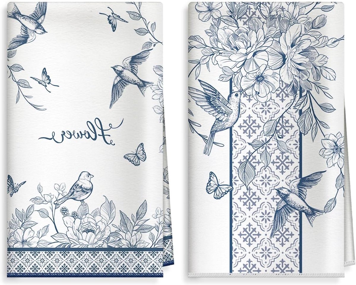Vintage Bird Flowers Microfiber Kitchen Towel 2 Pieces, 40×60cm Soft Absorbent Towel Tea T