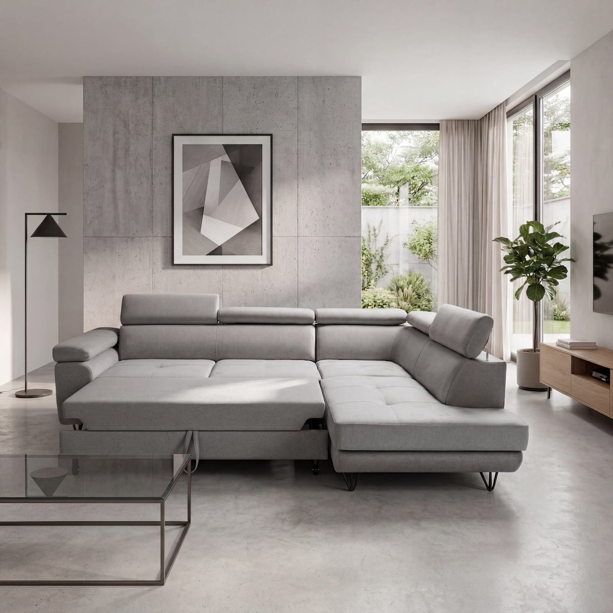 Hoekbank Lars Grijs stof - Met bed en opbergruimte - Lounge ( longchair ) Rechts - Hoeksalon slaapfunctie en opberging - zetelsenbedden