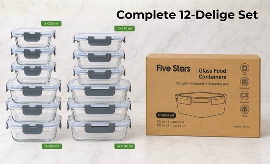 Five Stars® Boîtes de conservation en verre - 12 pièces - Boîtes de préparation de repas - Boîtes de congélation hermétiques - Avec couvercle - 320 ml, 370 ml, 800 ml et 1040 ml