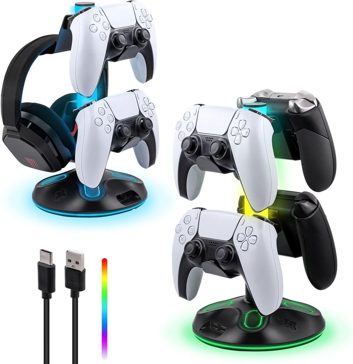 RGB Hoofdtelefoonstandaard met 9 Verlichtingsmodi, Controllerhouder en 2 USB-poorten voor Gaming, PC en Console Accessoires
