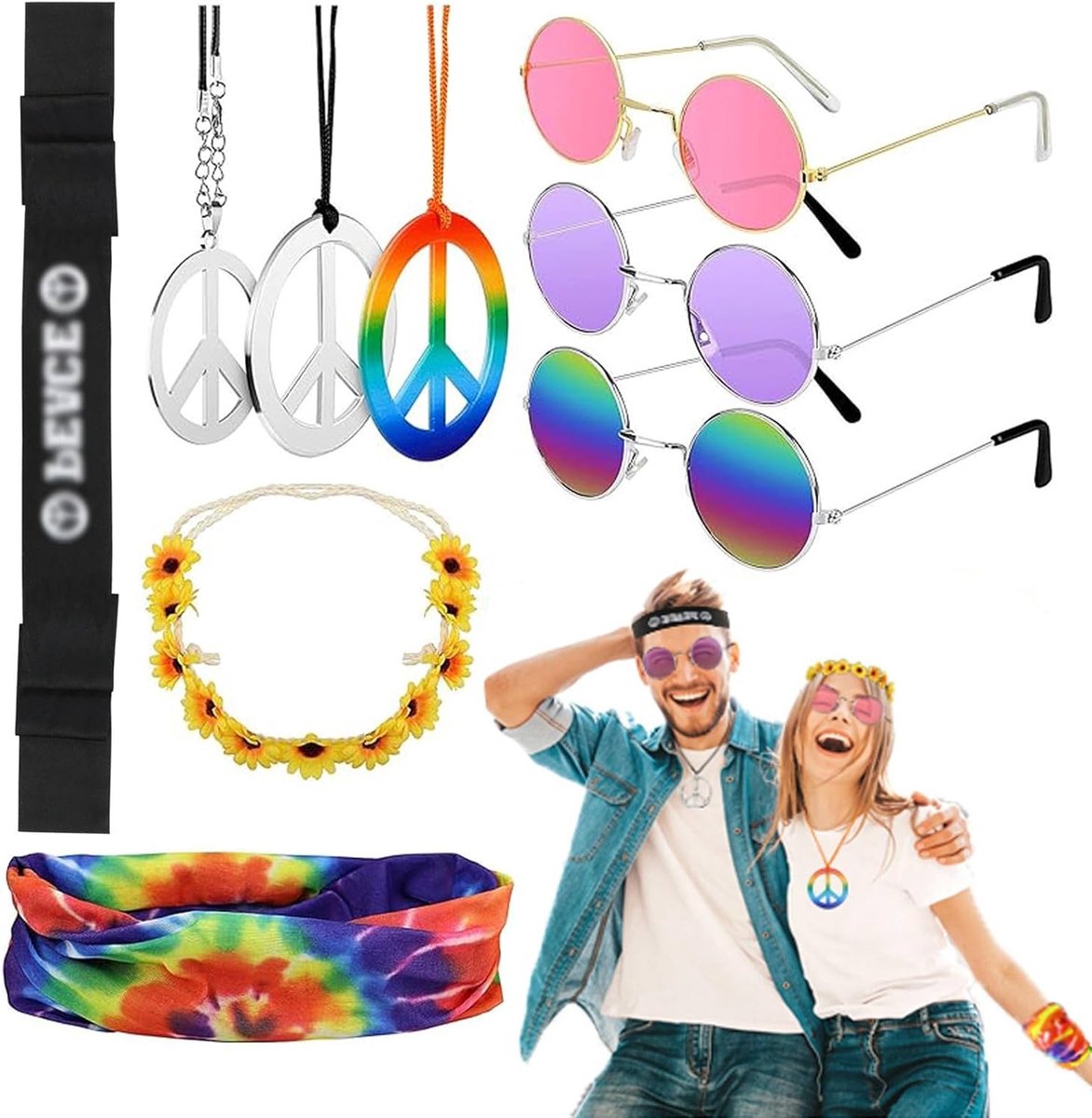Hippie Kostuum Set met 9 Onderdelen, Retro Verkleedkleding, Ronde Zonnebril, Vredesteken Ketting, Zonnebloemen en Kleurrijke Hippie Haarband voor Feestjes en Thema-avonden