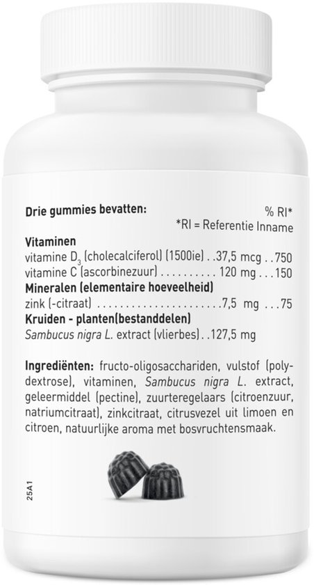 Achterkant van de ORTHICA Weerstand Gummies pot met ingrediëntenlijst.