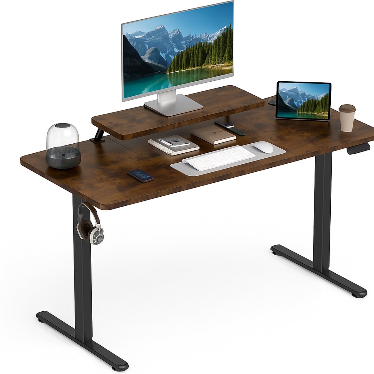 Elektrisch Verstelbaar Bureau 140×60 cm – Hoogte Verstelbaar 73-118 cm – Sta Zit Bureau Met Vaste Monitor Verhoger – Belastbaar 80 kg
