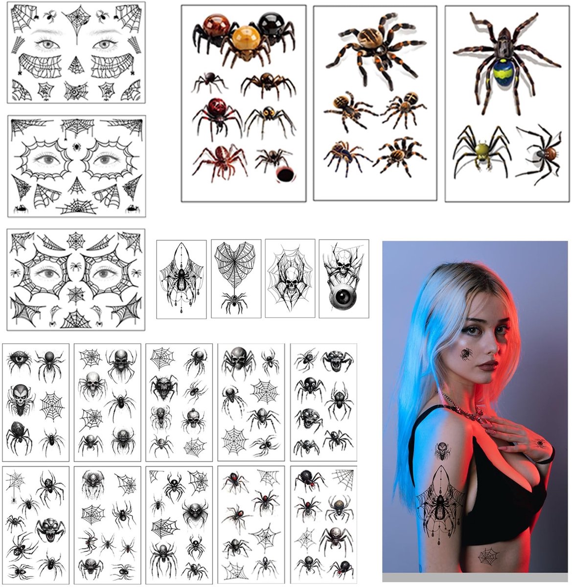 Dailygoody - Halloween-spinnen tattoostickers - tijdelijke tatoeages - 20 vellen - heksenmake-up - skelet - geschikt voor volwassenen en kinderen