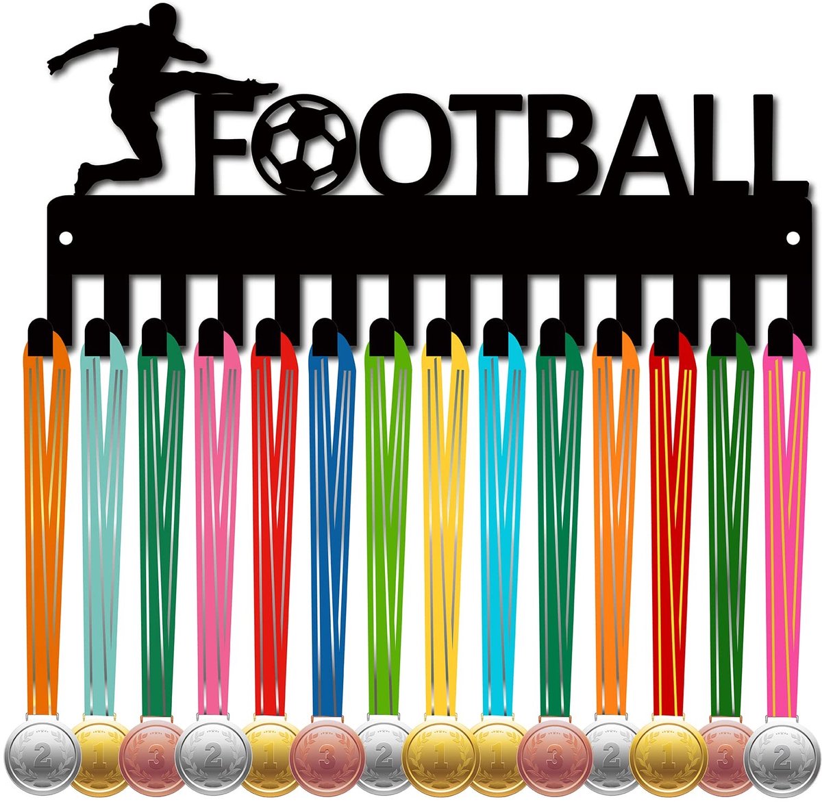 Dailygoody - Voetbal medaille hanger - Medaille houder rek - Sportdecoratie - Zwart - Met 20 haken - Geschikt voor thuis - 38 x 13 cm