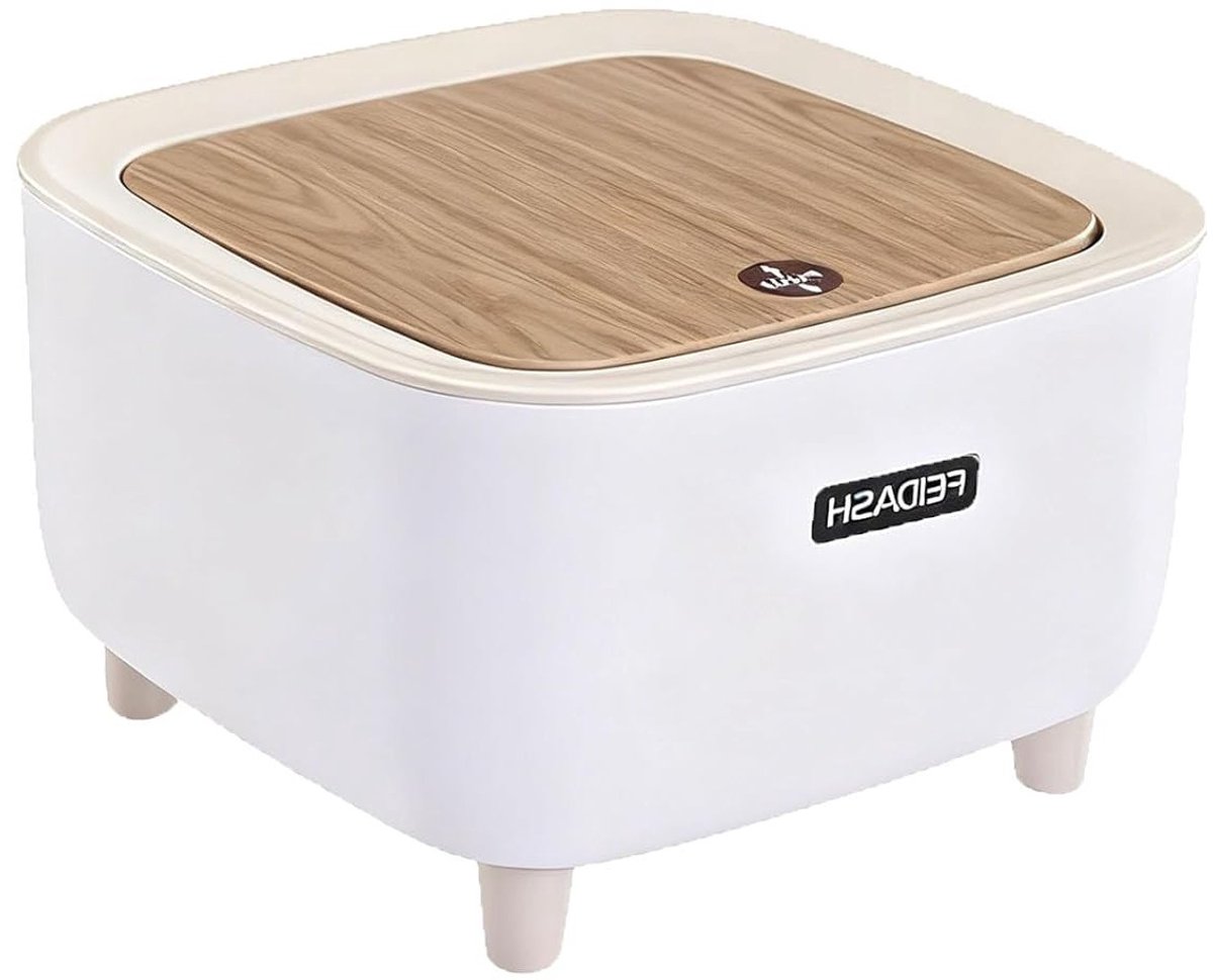 Compacte Afvalbak met Houten Deksel - Kleine Prullenbak voor Cosmetica, Kantoor en Huishoudelijk Gebruik, 2 L Inhoud (17.3 x 17.2 x 11 cm)
