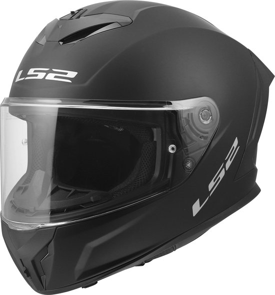 Casque moto LS2 noir avec visière transparente et logos blancs.