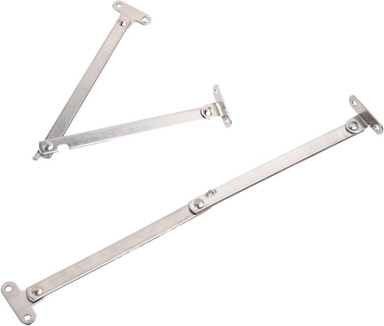 Twee zilverkleurige metalen vouwscharnieren in open en gesloten stand.