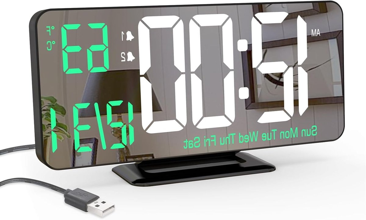 Stijlvolle Zwarte Digitale Tafelklok van 6.7 Inch met Dubbele Alarmfunctie, Dimbaar Display, Datum en Temperatuur Weergave