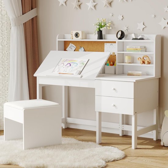 Kinderbureau met Stoel Set - Houten Studiebureau met Kantelbaar Bureaublad - Inclusief Kurkbord, Laden en Opbergrekken - Ergonomische Werkplek voor Kinderen 3-8 Jaar - 110x46x98 cm - wit