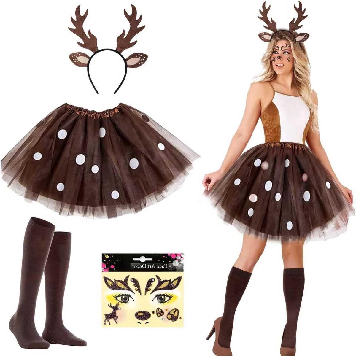 Dames Herten Kostuum met Bruine Cape, Hoofdband en Rok voor Carnaval en Halloween Feestjes