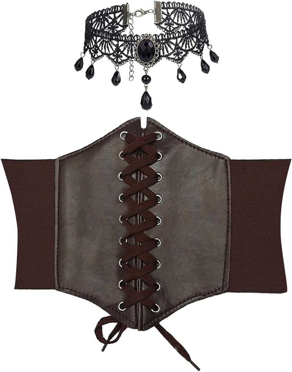 Retro Korset met Elastische Kraag en Laced Tie voor Middeleeuwse Kostuums en Feestjurken - Bruin Waspie Tailleband